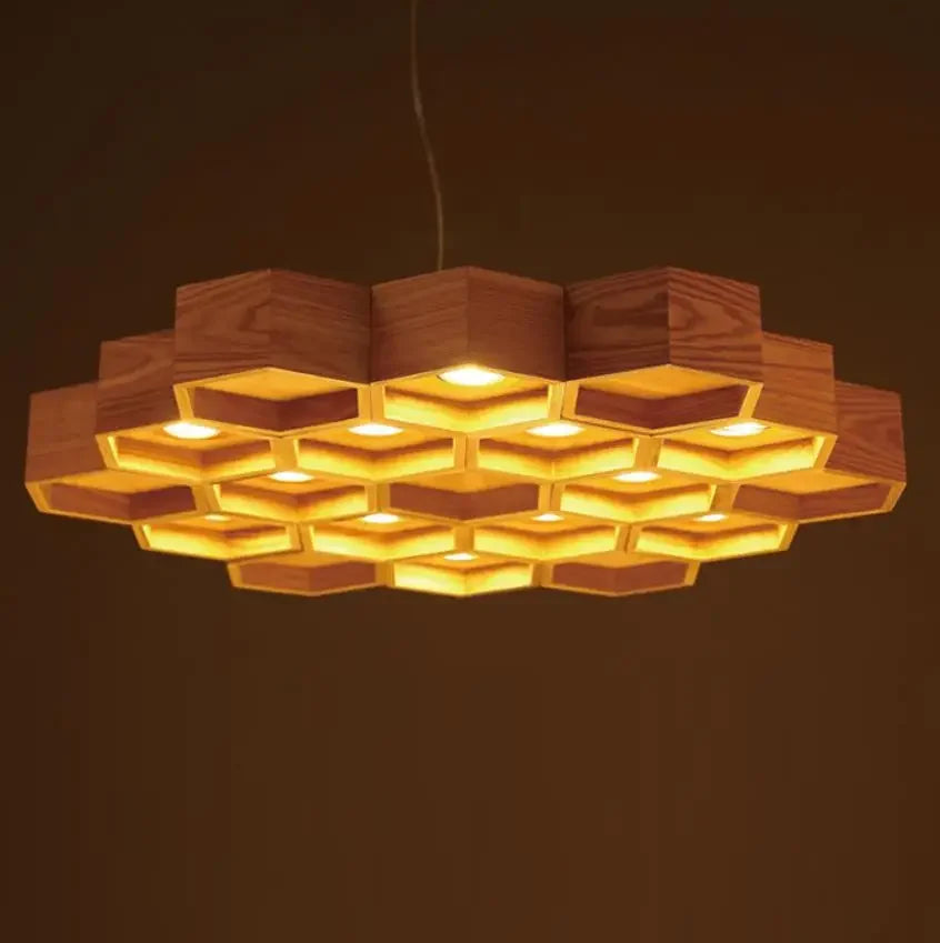 lustre suspendu bois clair hexagonal modernes ampoules led salon chambrehôtel