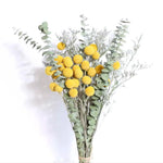 bouquet fleurs séchées boule dorée gypsophile eucalyptus feuilles naturel rustique décoration maison anniversaire wedding