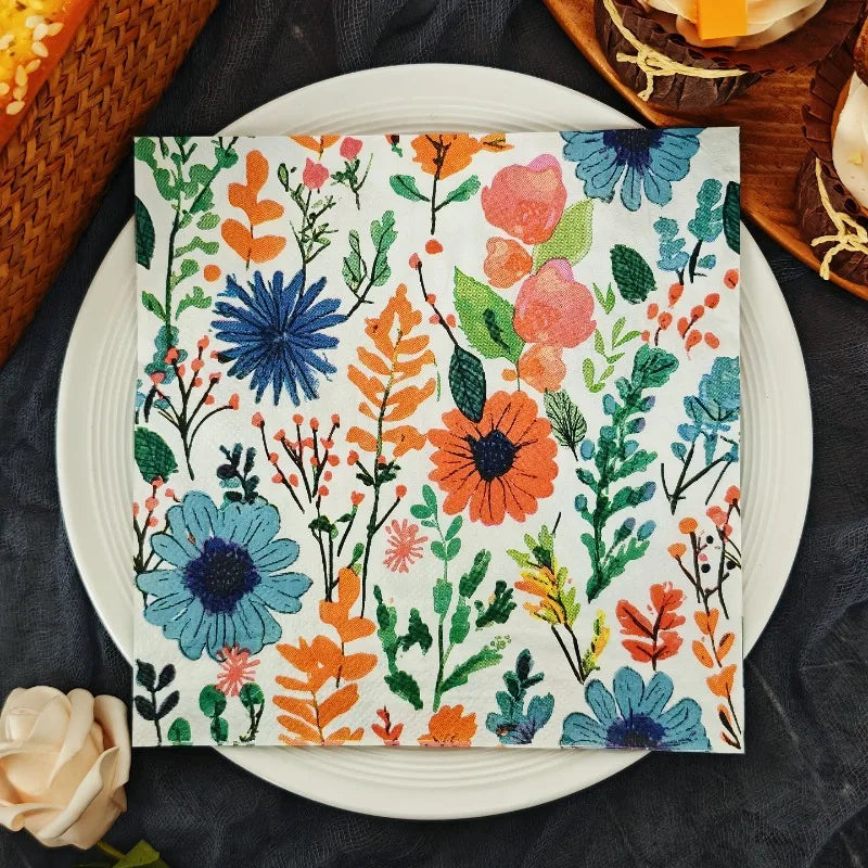 serviettes papier fleur bleue rose verte motifs floraux bohème champêtre pack 10pcs 20pcs