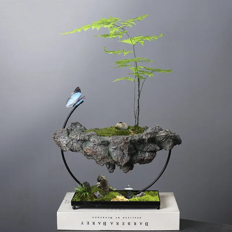 Bonsaï miniature artificiel feuilles vertes roche grise papillon bleu support métallique intérieur décoration vert