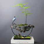Bonsaï miniature artificiel feuilles vertes roche grise papillon bleu support métallique intérieur décoration vert