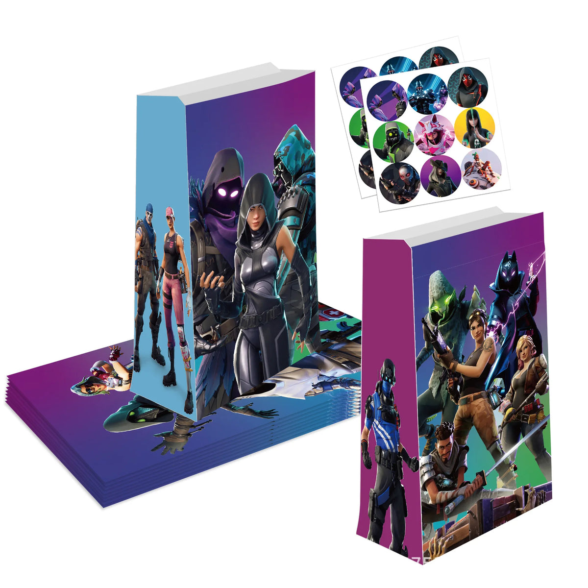 sacs cadeaux Fortnite anniversaire personnages dessin animé motifs opalescents sucettes bonbons festifs enfants violet