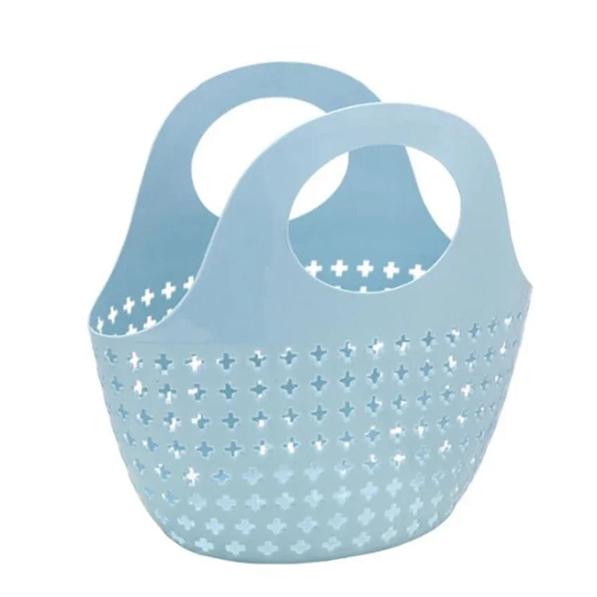 panier rangement moderne bleu clair perforé croix dorées poignée circulaire 26x18x13cm