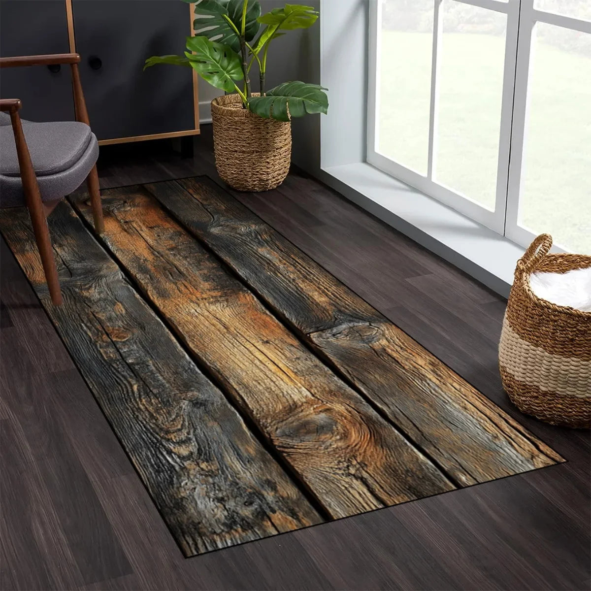 tapis gris brun bois vieilli rustique vintage résistant décoloration facile nettoyage intérieur salon couloir