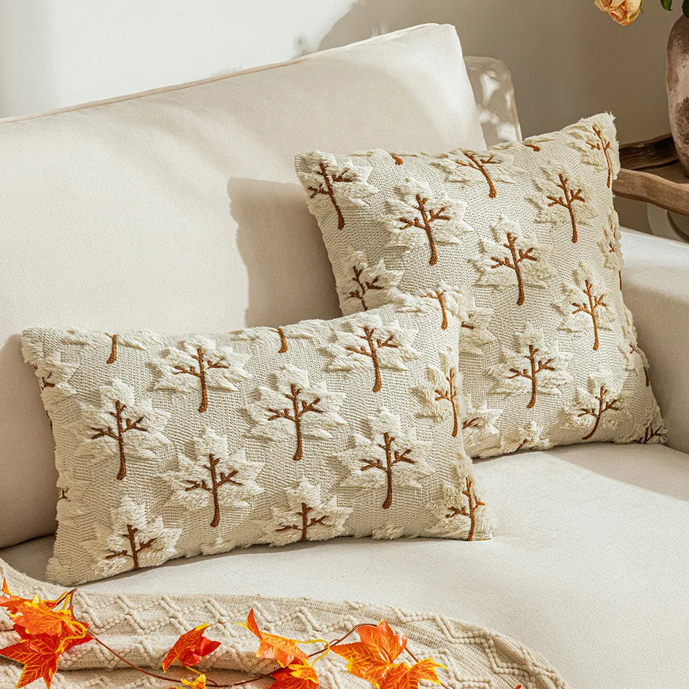 housse coussin peluche motif arbre rustique beige orange decor automne canape lit sofa