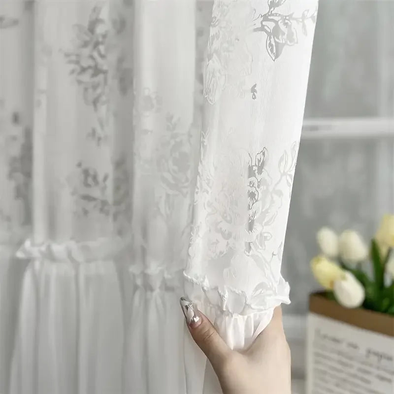 rideau blanc papillon transparent japonais fleurs broderie chambre salon anneaux bordure décorative polyester