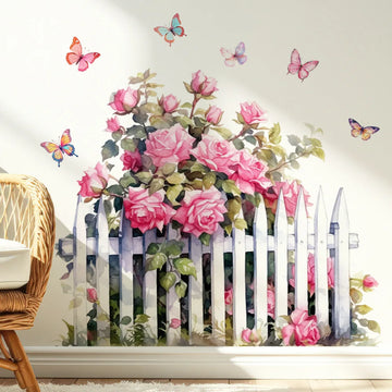 décoration murale adhésive sticker floral rose clôture papillons aquarelle chambre salon