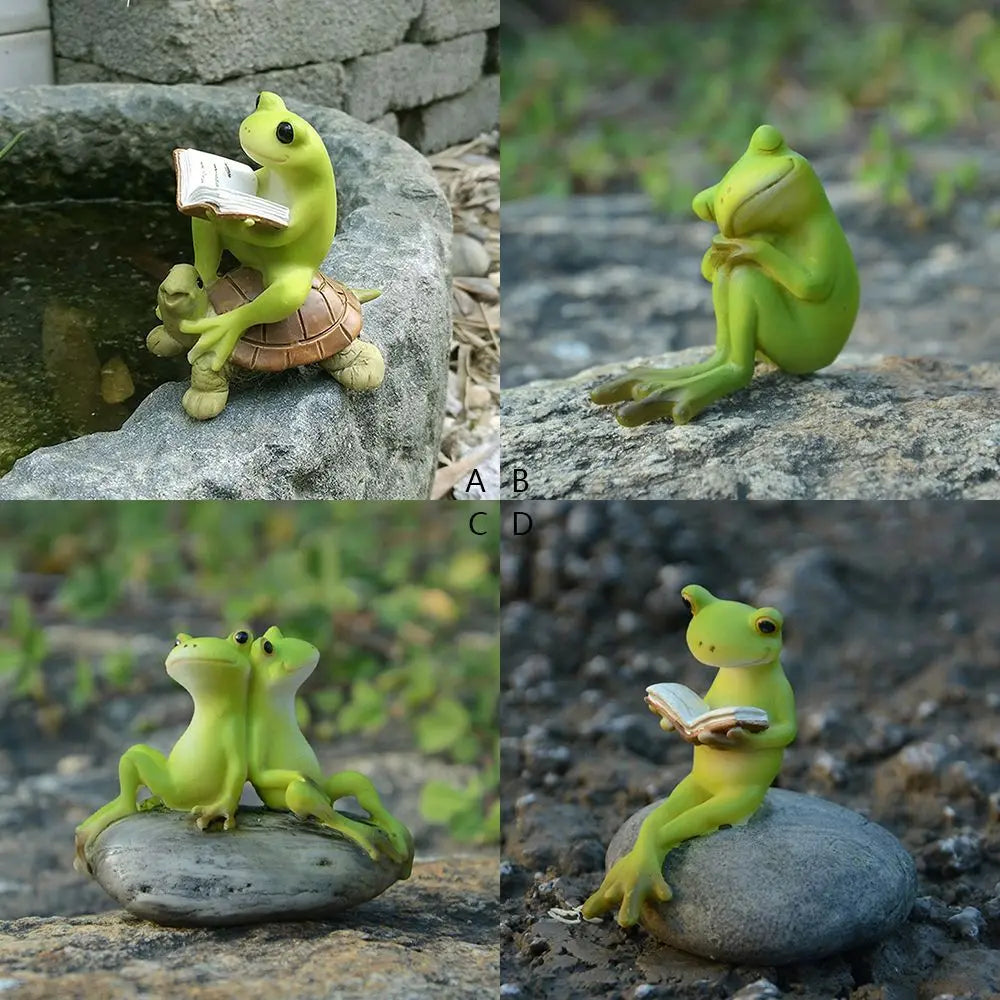 figurine grenouille résine verte décoration jardin statuette miniature tortue livre