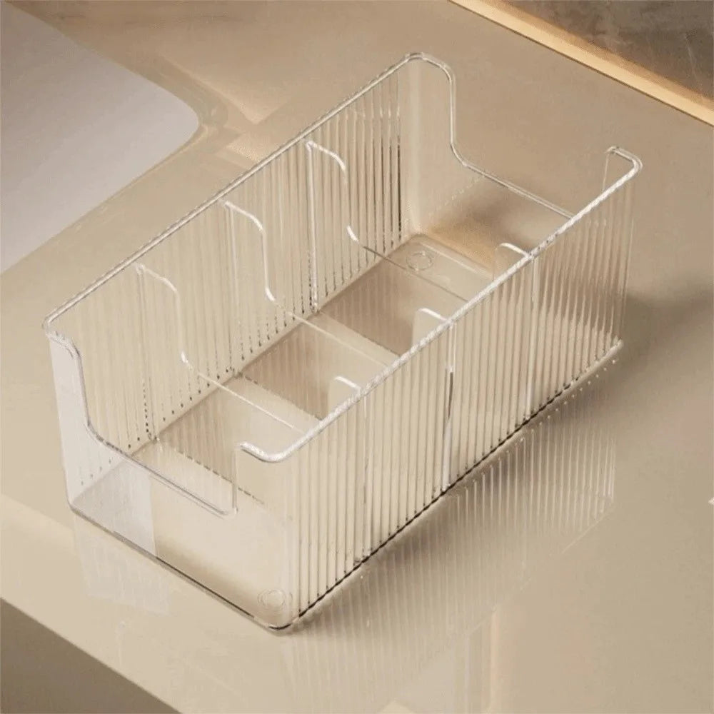 boîtes rangement transparent compartiments rayures verticales moderne cosmétiques accessoires maquillage organisation tiroir gain place