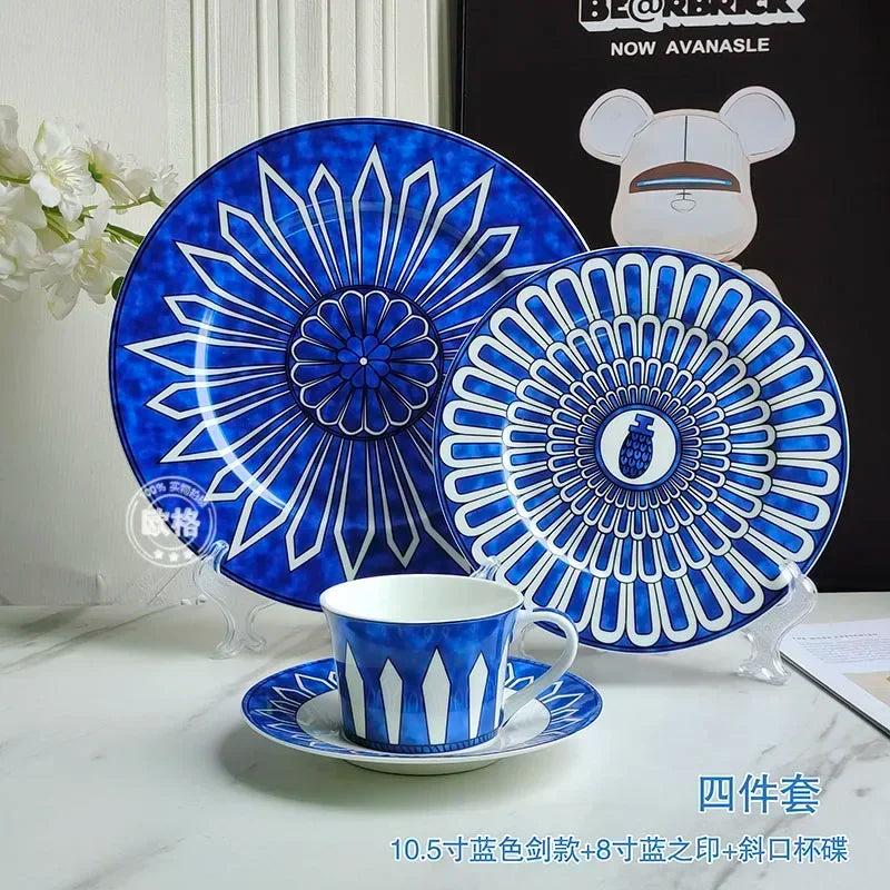 assiettes bleu motif floral tasse blanc classique opacité