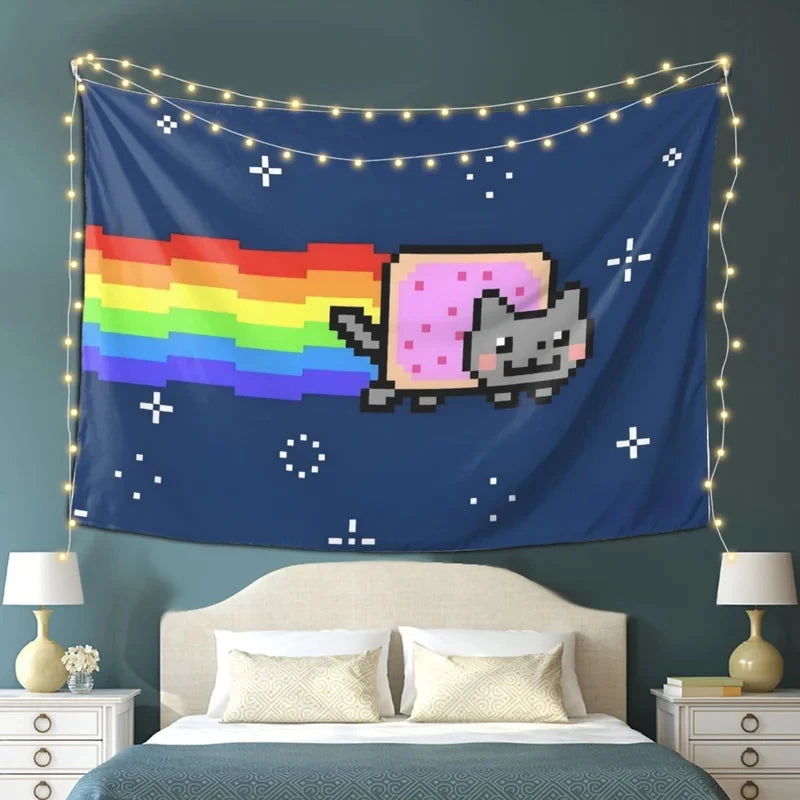 tapisserie pop art chat nyan arc ciel bleu rose géométrique grande dimension chambre decoration