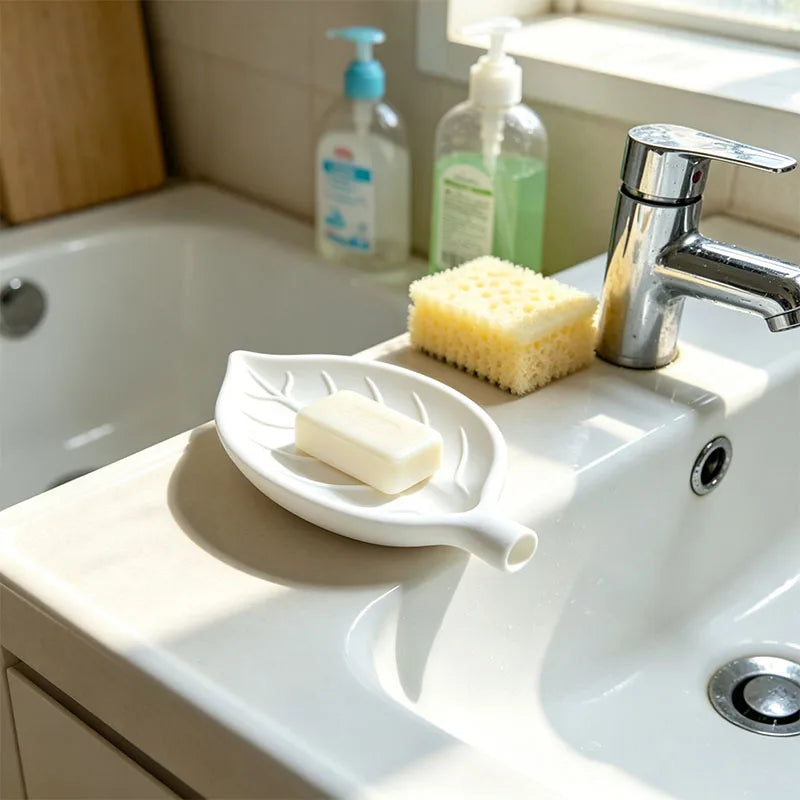 support savon feuille naturelle blanc noir drainage minimaliste salle bain