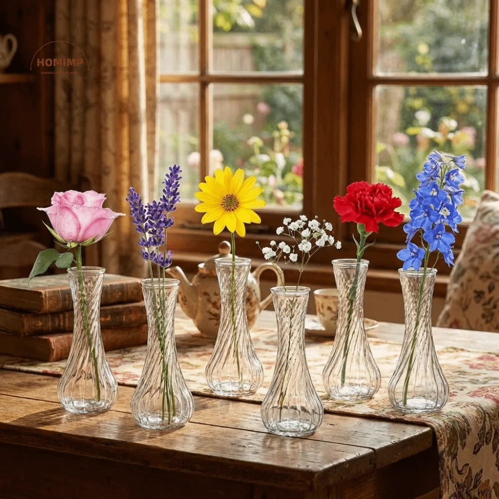 vases verre transparents texturés décoration table fleurs succulentes ancien livres théière vintage