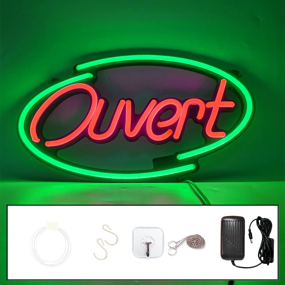 enseigne lumineuse ouverte néon rouge texte ouvert décoration intérieure télécommande adaptable