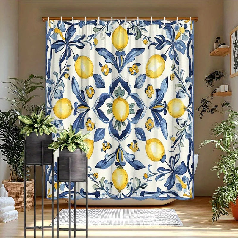rideau douche moderne feuilles citrons blanc jaune bleu polyester facile nettoyer opale métalliques