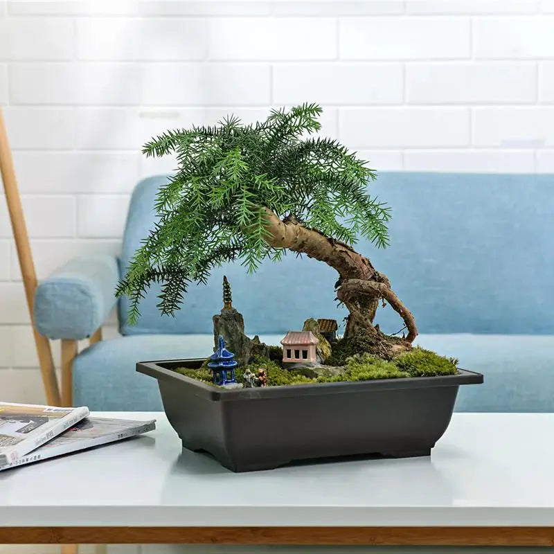 pot bonsaï rectangulaire noir moderne décor miniature maison pagode herbe artificielle