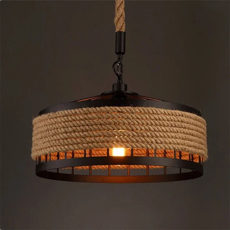 lampe suspendue industrielle vintage corde naturelle métal noir 30cm 40cm 50cm