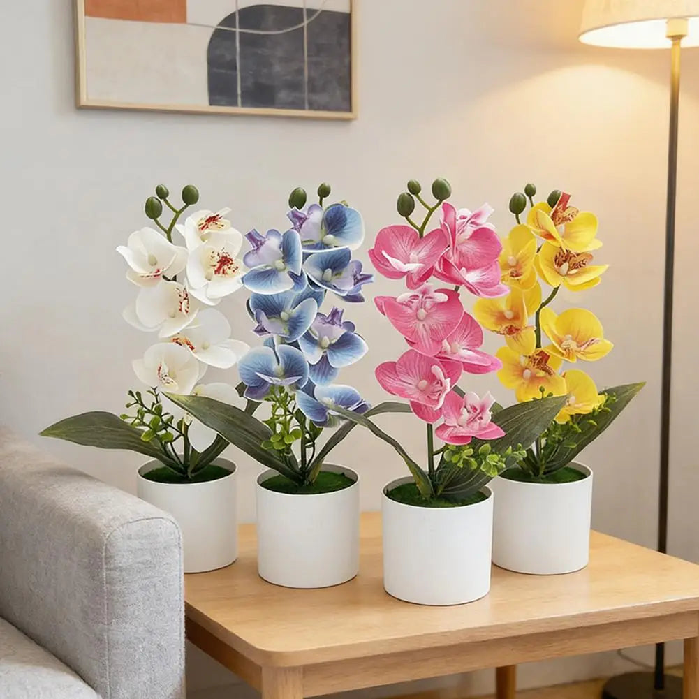 décoration intérieure orchidées artificielles fleurs blanches roses bleues jaunes modernes maison