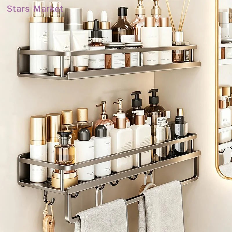 étagère salle bain acier aluminium moderne argentée rectangulaire lisse clips serviettes cosmétiques minimaliste