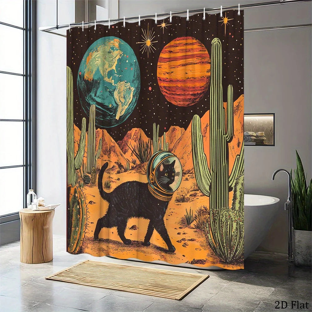 rideau douche spatial chat astronaute cactus métalliques polyester moderne illustration vintage