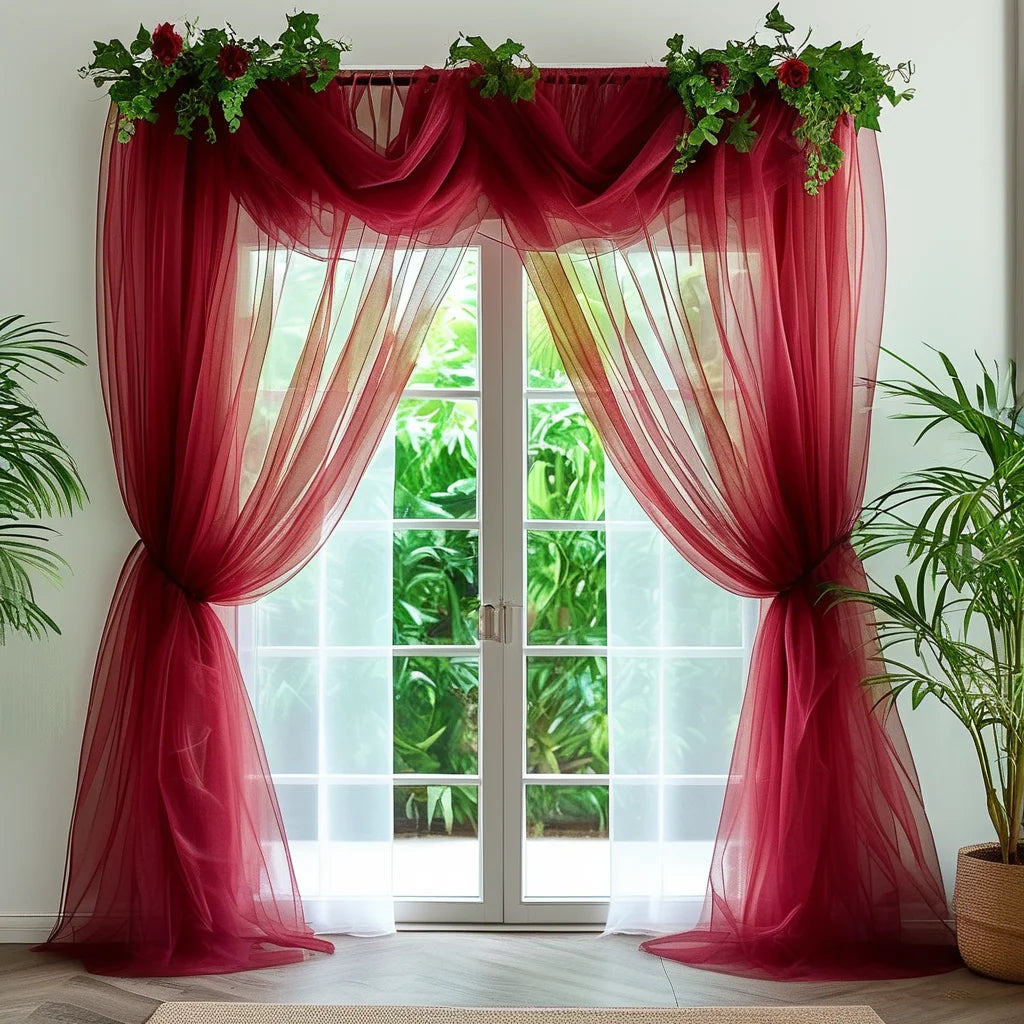rideau tulle transparent rouge blanc decoratif mariage anniversaire photo festive poche tringle