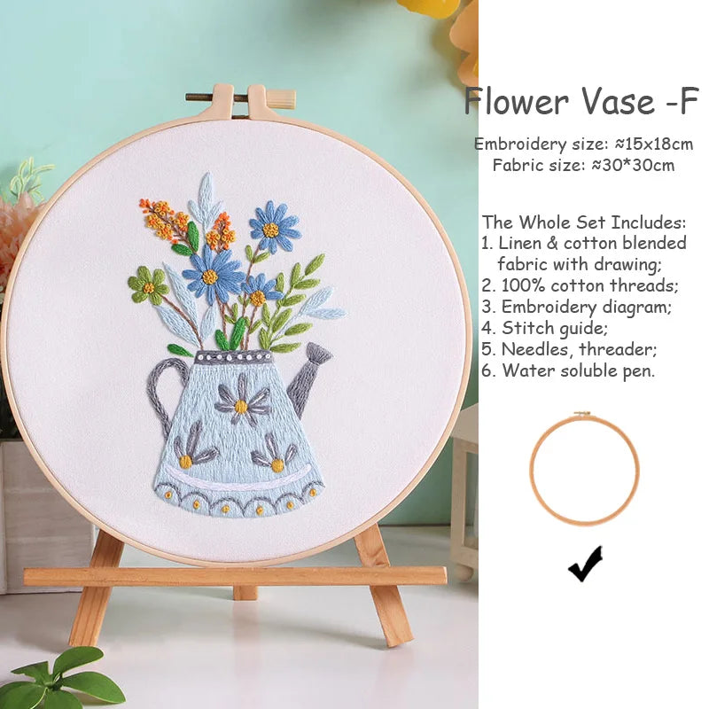 kit broderie fleurs vases multicolore traditionnel anneaux bois guide couture aiguilles fil coton