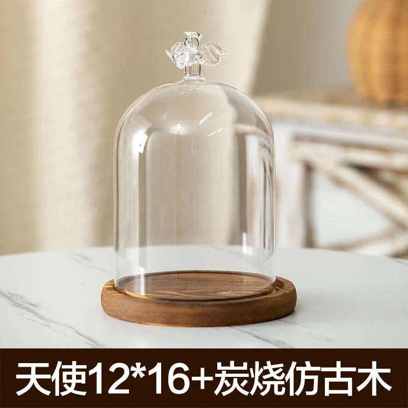 cloche verre transparent base bois bougie parfumée pinçon décoratives