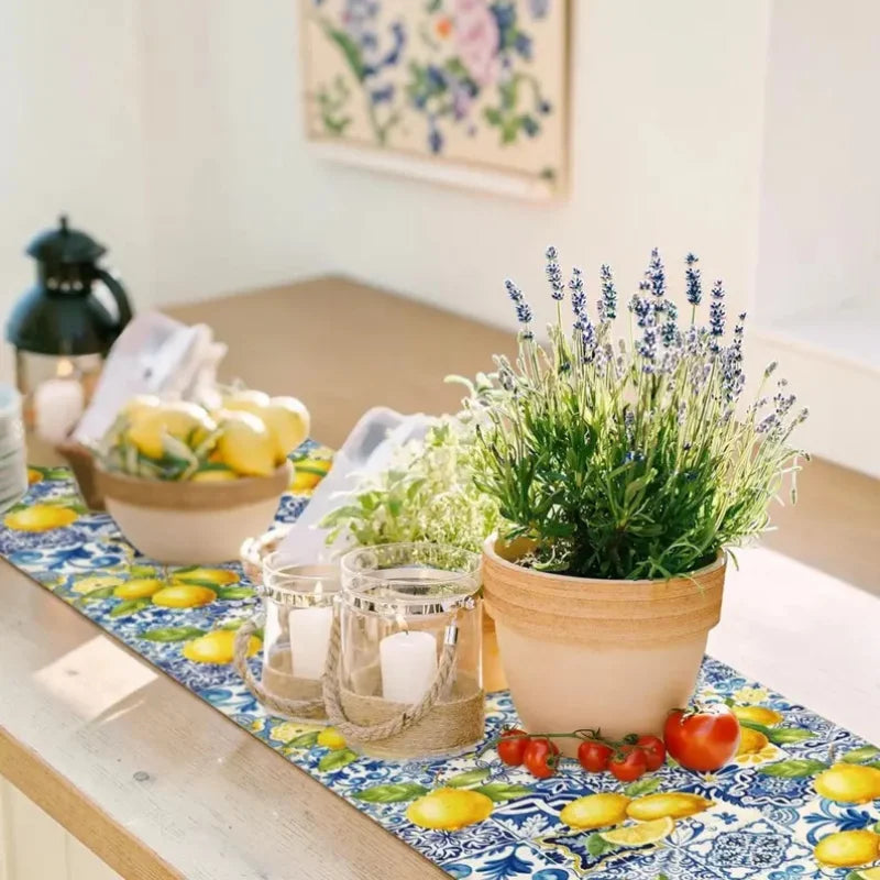 tableau table lin motif citron bleu carreaux floral méditerranéen italien noël halloween pâques