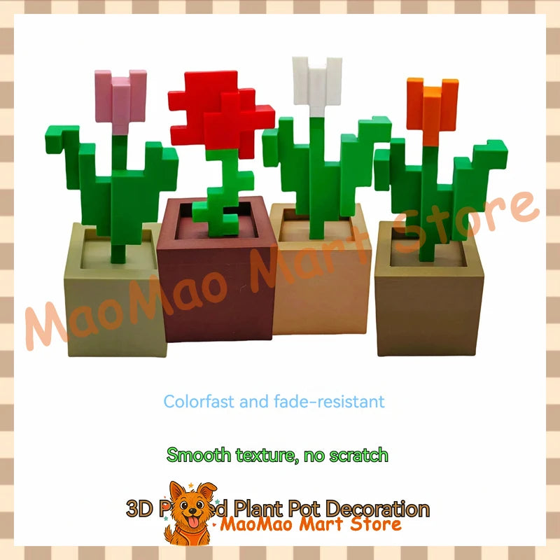 décoration murale pixel art pot fleur vert rouge rose beige