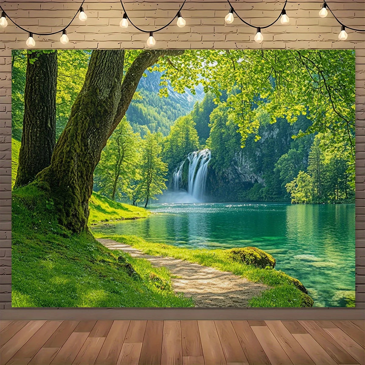 toile d'art paysage naturel cascade forêt vert printemps anniversaire mariage décoration événement opaque réaliste
