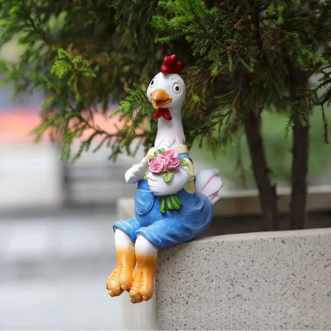 statues jardin résine couple poulets vêtus fleurs couleur variée champêtre