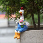 statues jardin résine couple poulets vêtus fleurs couleur variée champêtre