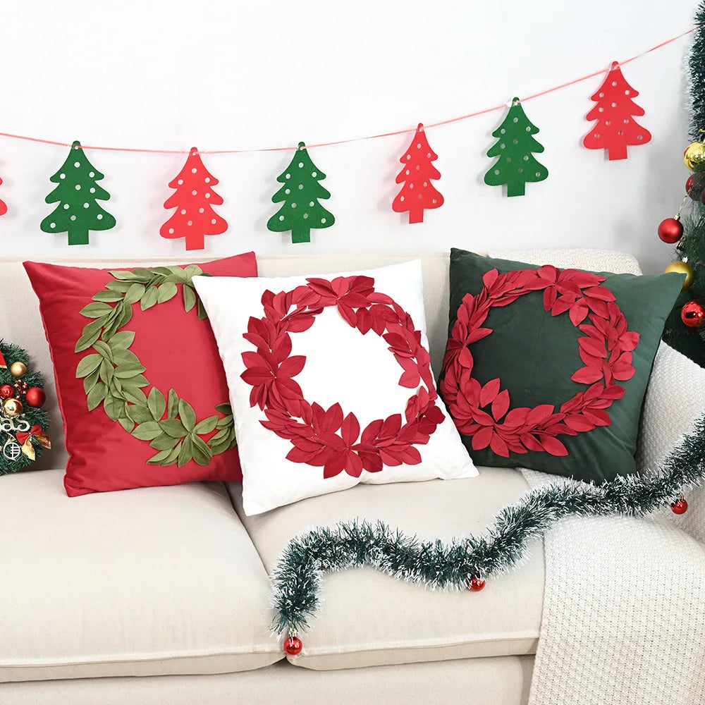 housse coussin velours rouge vert motif feuille noël matelassée décorative maison canapé nordic poly