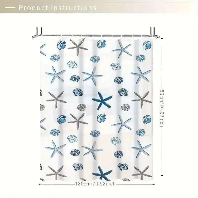 rideau douche semi transparent motifs coquillages étoiles mer blanc bleu gris crochet plastique decoration