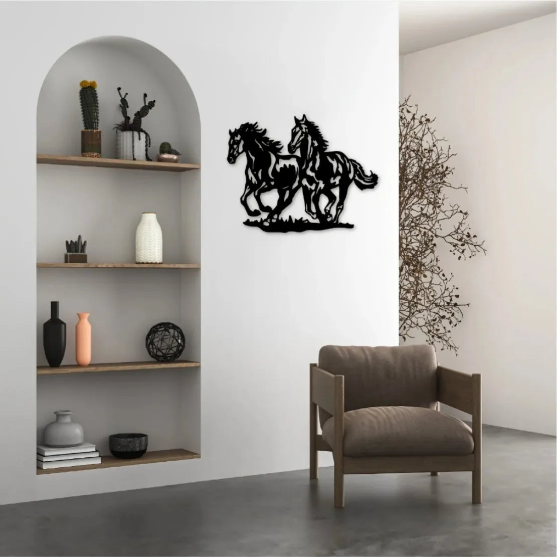 décoration murale métal chevaux noir beige silhouette rustique moderne 23.89cm 30.48cm découpe laser