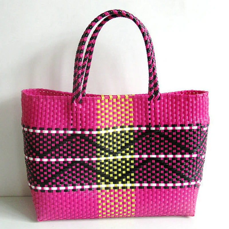 sac main plastique tissé géométrique polyvalent femme moderne noir blanc jaune bleu turquoise poches