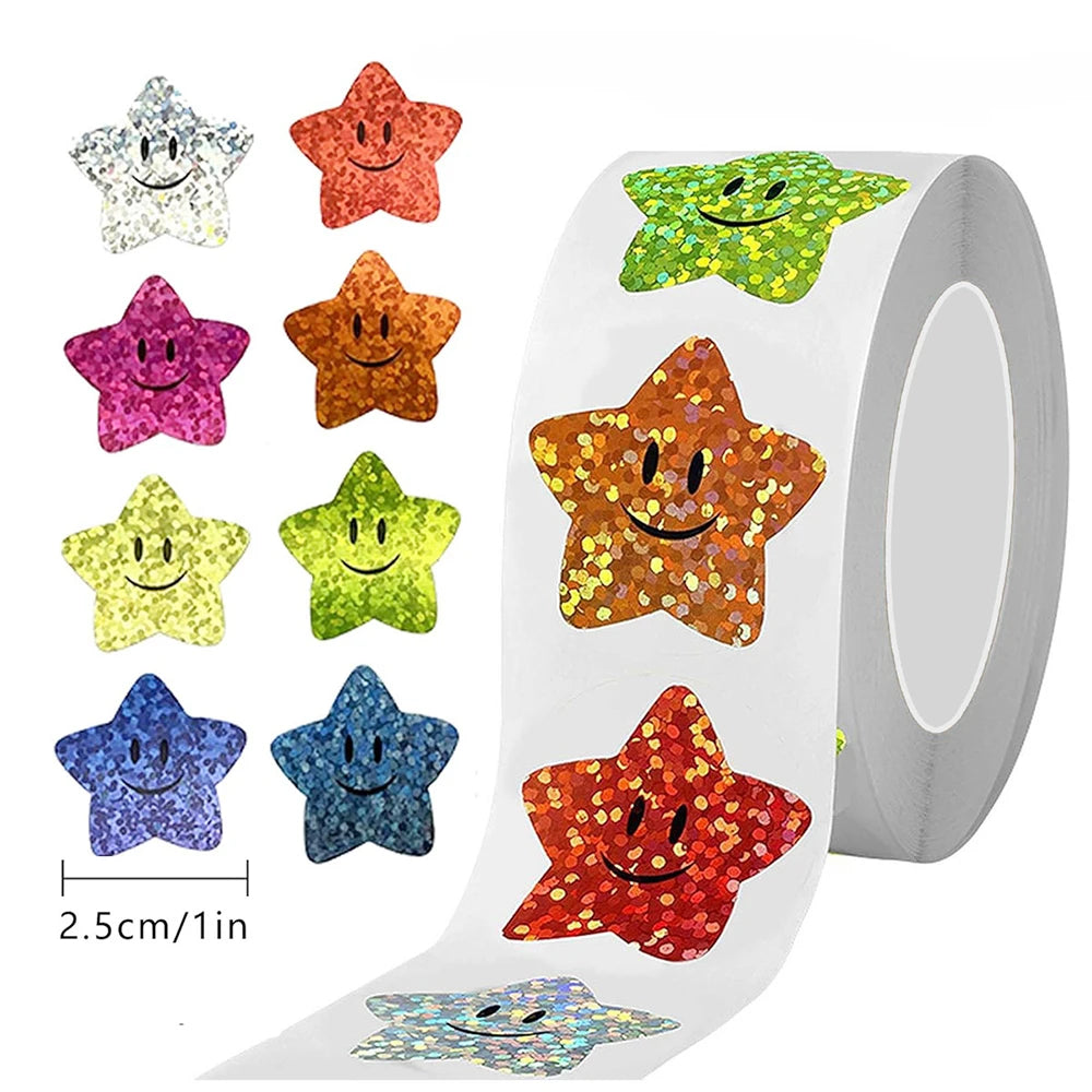 étiquettes autocollantes étoiles souriantes pailletées multicolores scrapbooking diy bagages