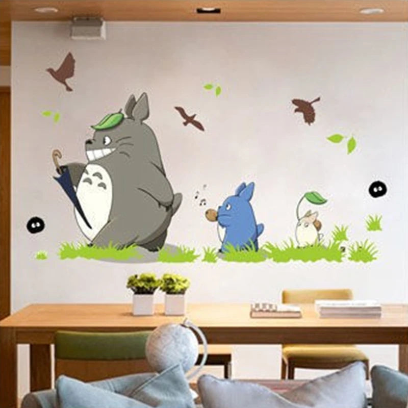 sticker mural dessin animé totoro oiseau feuilles champignon chambre enfant cartoon pvc opaque 40x60cm