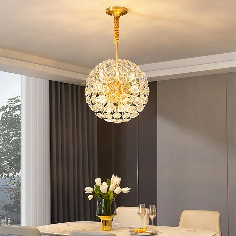suspension lumineuse moderne or transparent cristal fleurs élégante chaîne métallique lumière led warm cool