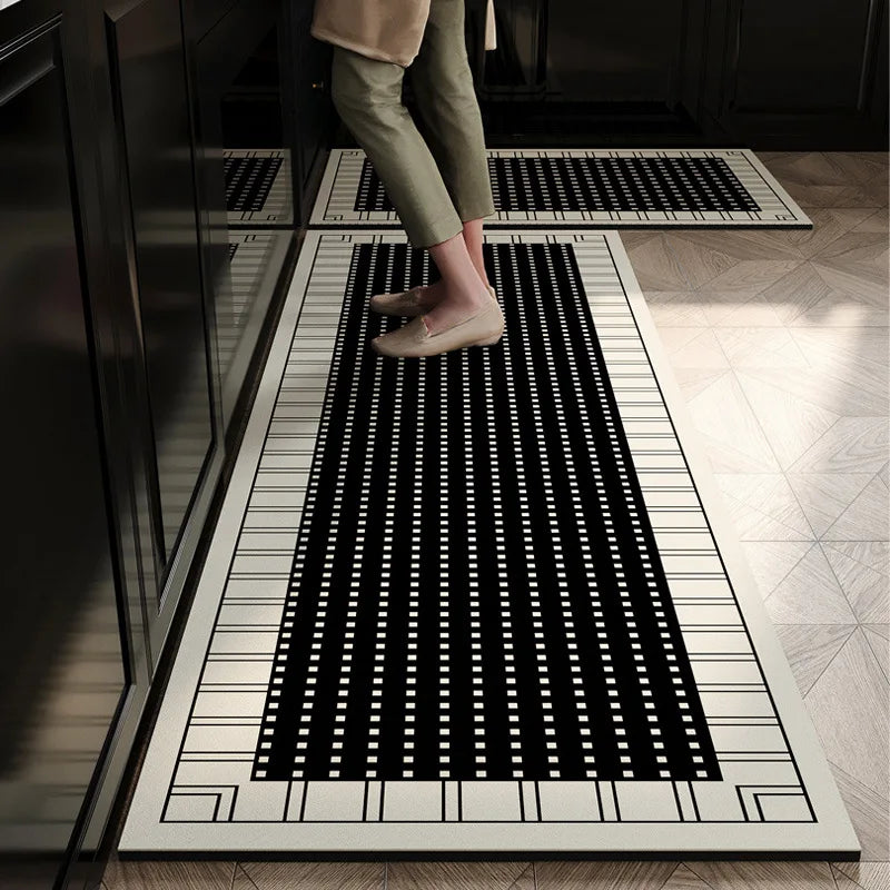 tapis cuisine moderne noir blanc motif géométrique carré minimaliste sol maison décoratif