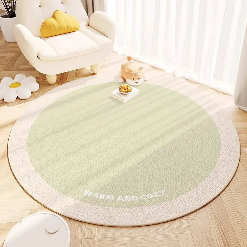 tapis rond moderne rayures horizontales bleu clair jaune clair beige vert clair polyester anti