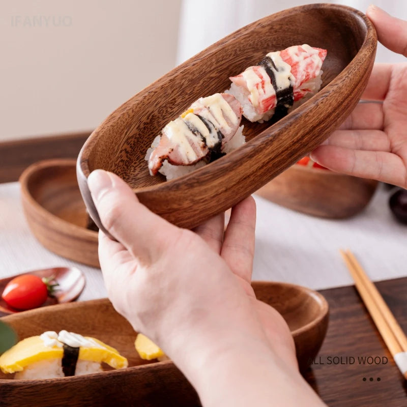 assiettes ovales bois marron foncé sushi plate rustique naturel tableware cuisine
