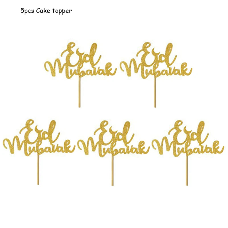 décoration gâteau or argent étoiles lune écriture cursive pique bois fête İslam festive