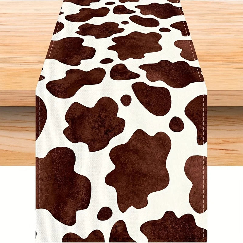 table table lin peau vache motif taches marron fond blanc moderne rustique farmhouse deco