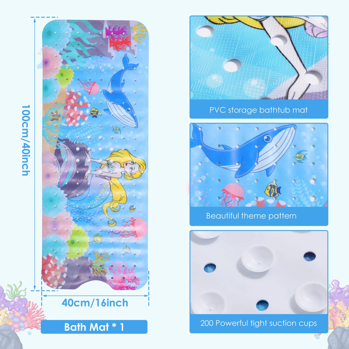 tapis bain dessin animé sous marin sirène poissons coraux moderne enfant couleur alphabet adhésif