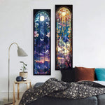 tapisserie murale décoration chambre rectangle floral paysage nocturne soleil étoiles bleu nuit violet rose