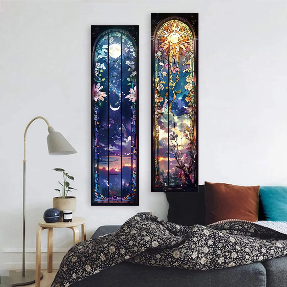 tapisserie murale décoration chambre rectangle floral paysage nocturne soleil étoiles bleu nuit violet rose