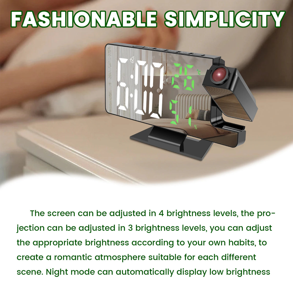 réveil projecteur miroir led noir blanc vert texture bois minimaliste horloge alarme