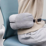 coussin voyage velours gris bleu confortable ergonomique ceinture sécurité sac rangement polyester coton