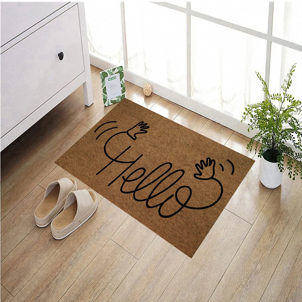 tapis d'entrée marron hello stylisé adhésif antidérapant résistant anti bactéries moderne minimalisteintérieur extérieur